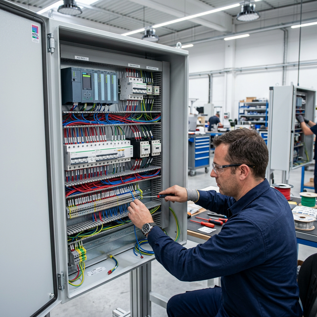 Técnico fabricando cuadro eléctrico en taller