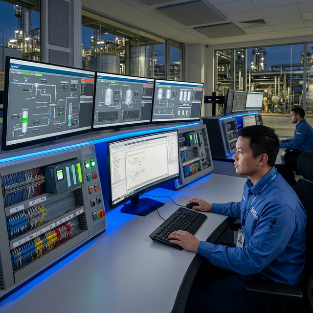 Sala de control industrial con SCADA y PLC